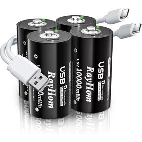 USB Rechargeable Lithium D Cell Batteries - 4 Pack D Li-ion Battery with 2 USB-C 2-in-1 Charging Cable, 1.5V 10000mWh, Quick Charges 2 Hours, Over 1000+ Cycles