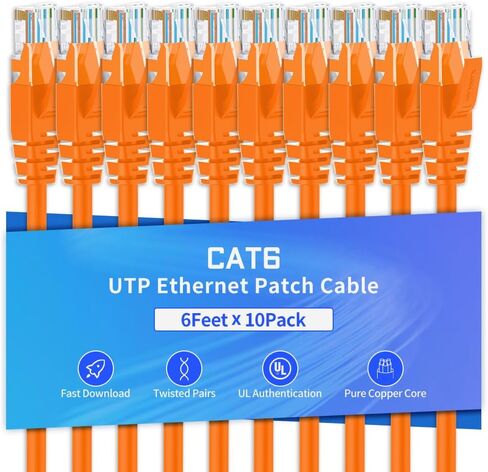 كابل إيثرنت Cat6 بطول 6 أقدام و10 حزم كابل توصيل الإنترنت RJ45 Cat6 للشبكة، غير محمي، برتقالي in Saudi Arabia
