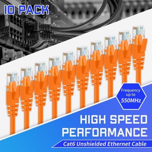 كابل إيثرنت Cat6 بطول 6 أقدام و10 حزم كابل توصيل الإنترنت RJ45 Cat6 للشبكة، غير محمي، برتقالي in Saudi Arabia