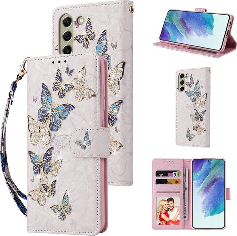 UEEBAI Wallet Case for Samsung Galaxy A54 5G, PU Leather Phone Case Kickstand RFID Blocking Flip Case with Card Slots Wrist Strap Relief Engraved Pattern Magnetic Closure Folio Case - Blue Butterfly in Saudi Arabia