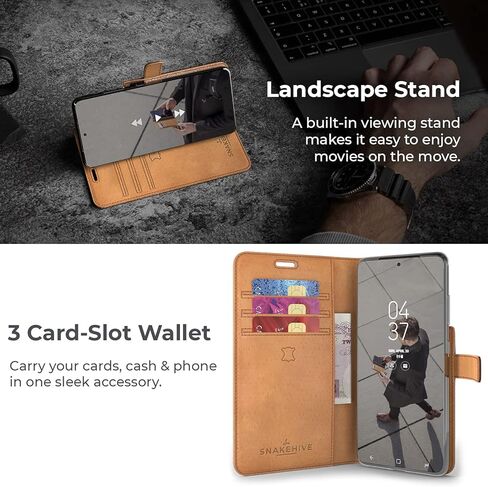 Snakehive Samsung Galaxy S21 Ultra Vintage Wallet || Real Leather Wallet Phone Case || Genuine Leather with Viewing Stand & 3 Card Holder || Flip Folio Cover with Card Slot (Brown) in Kuwait