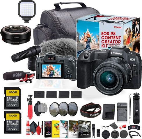 Canon EOS R8 Mirrorless Camera Content Creator Kit with RF 24-50mm f/4.5-6.3 is STM Lens (5803C037) + Mount Adapter EF-EOS R + VideoMic + 2 x 64GB Tough Memory Card + LED Light + More (Renewed) in Saudi Arabia