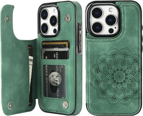 Vaburs Compatible with iPhone 16 Pro Case Wallet with Card Holder, Embossed Mandala Pattern Flower PU Leather Double Buttons Flip Shockproof Cover for Magnetic Car Mount 6.3 Inch (Dark Green) in Kuwait