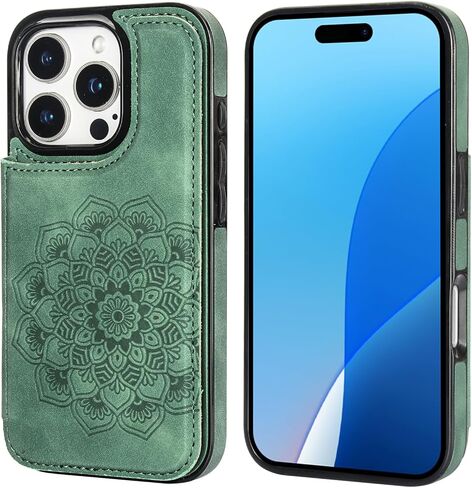 Vaburs Compatible with iPhone 16 Pro Case Wallet with Card Holder, Embossed Mandala Pattern Flower PU Leather Double Buttons Flip Shockproof Cover for Magnetic Car Mount 6.3 Inch (Dark Green) in Kuwait