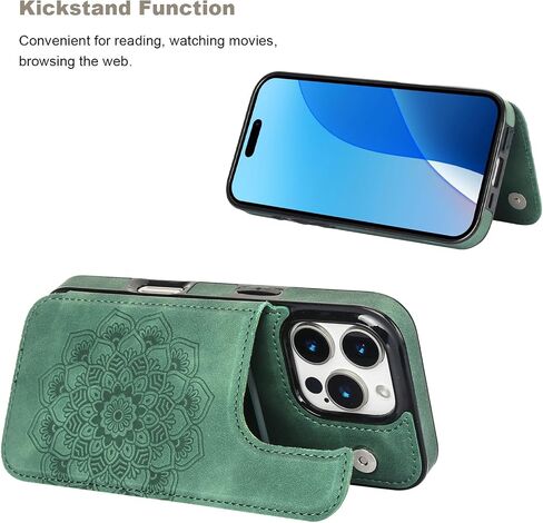Vaburs Compatible with iPhone 16 Pro Case Wallet with Card Holder, Embossed Mandala Pattern Flower PU Leather Double Buttons Flip Shockproof Cover for Magnetic Car Mount 6.3 Inch (Dark Green) in Kuwait