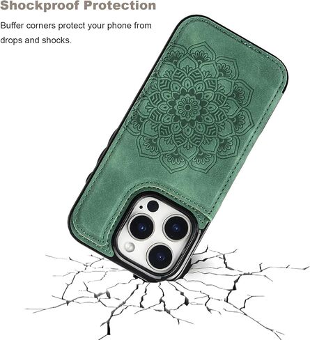 Vaburs Compatible with iPhone 16 Pro Case Wallet with Card Holder, Embossed Mandala Pattern Flower PU Leather Double Buttons Flip Shockproof Cover for Magnetic Car Mount 6.3 Inch (Dark Green) in Kuwait