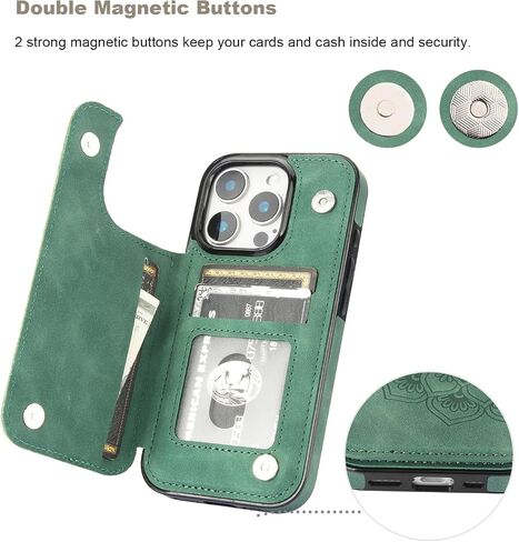Vaburs Compatible with iPhone 16 Pro Case Wallet with Card Holder, Embossed Mandala Pattern Flower PU Leather Double Buttons Flip Shockproof Cover for Magnetic Car Mount 6.3 Inch (Dark Green) in Kuwait