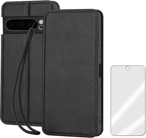 for Google Pixel 9 Pro XL Leather Case Stand Fuction Wallet Bag with Card Slots Protective （with Hand Strap and Tempered Screen Protector Black in Saudi Arabia