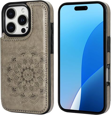 Vaburs Compatible with iPhone 16 Pro Case Wallet with Card Holder, Embossed Mandala Pattern Flower PU Leather Double Buttons Flip Shockproof Cover for Magnetic Car Mount 6.3 Inch (Dark Green) in Kuwait