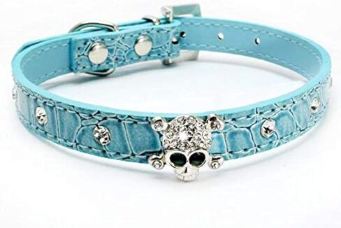 لطيف مبهر متألق أنيق جمجمة الماس كريستال حجر الراين جلد صغير كلب قطط طوق جرو (أسود، M) in Kuwait