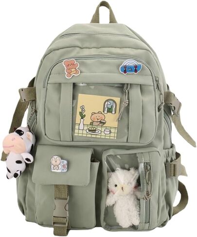 Cute backpack with accessories kawaii Large Capacity Aesthetic backpack (Green) in Saudi Arabia
