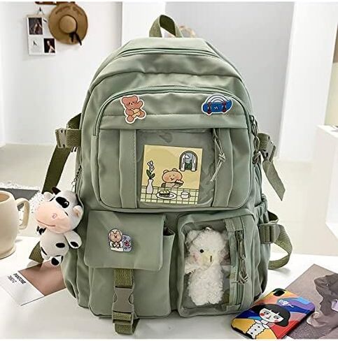 Cute backpack with accessories kawaii Large Capacity Aesthetic backpack (Green) in Saudi Arabia
