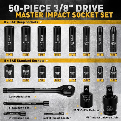 1/4'' Drive Impact Socket Set - 56-Piece Shallow & Deep Socket Set Metric and Standard Full with Universal Joint, Extension Bar, 3/8 to 1/4 Reducer, Hex Shank Socket Adapter, Ratchet Handle in Saudi Arabia