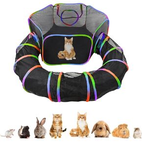 MiMu Dog Playpen Indoor Outdoor 4 Foot Cat Tent with Exercise Tunnel - Rainbow Pop Up Travel Playpen for Puppies, Kittens, Rabbits, Guinea Pigs, and Small Pets - Portable Enclosed Mesh Pen with Case