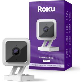 Roku Indoor Camera for Home Security, 1-Pack - Wired Security Camera with 1080p HD Color Night Vision, Compatible with Alexa & Google, Motion & Sound Detection, Built-in Siren,(Renewed)