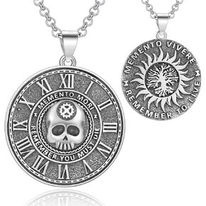 LES OSEWA Memento Mori Necklace Sterling Silver Skull Skeleton Necklace Memento Mori Stoic Medallion Pendant Stoicism Jewelry Skull Gifts for Men Women Halloween Day of The Dead