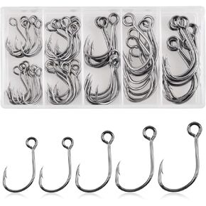 Fishing Inline Single Hooks, 60pcs Replacement Fishing Hooks for Lures Baits Inline Circle Hooks Large Eye with Barbed Single Hook Saltwater Freshwater