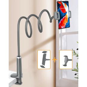 Gooseneck Phone Holder Tablet Stand for Bed:[Swivel Base] Adjustable Flexible Lazy Arm with 2 Clips Phone Tablet Holder Mount Compatible iPad Pro Air Mini | Kindle | Switch or 4-12.9" Device (Gray)