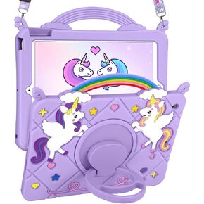 حافظة لجهاز iPad 9th/8th/7th Generation مقاس 10.2 بوصة - غطاء Kawaii للفتيات اللطيفات Girly 3D Cartoon Teen مع حامل دوار وحزام حافظات سيليكون ناعمة أرجوانية لجهاز iPad 7/8/9 Gen 2021 2020 2019