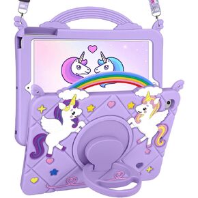for iPad 9th/8th/7th Generation Case 10.2 Inch - Cute Girls Kawaii Cover Girly 3D Cartoon Teen with Rotating Stand & Strap Purple Soft Silicone Cases for iPad 7/8/9 Gen 2021 2020 2019