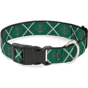 Buckle-Down Dog Collar Plastic Clip Harry Potter Slytherin Crest Plaid Greens Gray 15 to 24 Inches 1.0 Inch Wide