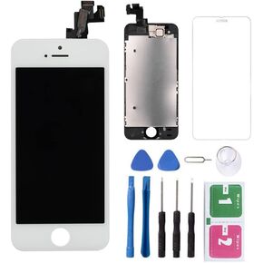 Compatible for iPhone 5S LCD Screen Replacement, LCD Display Screen Touch Digitizer, with Assembly Frame and Home Button, Front Camera, Proximity Sensor, Earpiece, Repair Kit Tempered Glass (Black)