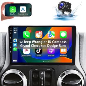 2+64G- for Jeep Wrangler JK Compass Grand Cherokee Dodge Ram Car Radio Wireless Carplay/Android Auto,Android Car Stereo 10.1 Inch Touch Screen GPS WiFi Bluetooth FM/RDS Mirror Link SWC Backup Camera
