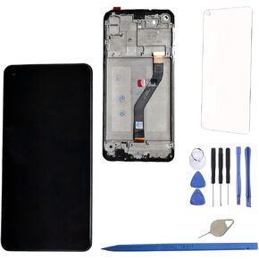 A21 Touch Screen Replacement LCD Display Digitizer with Frame Assemble for Samsung Galaxy A21 6.5 Inch Black A215 + A21 Screen Protector Glass (not fit for A21s Version) (with Frame Version)