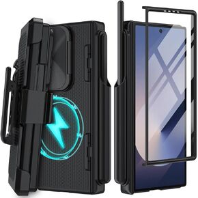 for Samsung Galaxy Z Fold 6 Case with Belt Clip Holster & S Pen Slot & Hinge Protection & Tempered Glass Screen Protector, Magnetic Shockproof Full Body Heavy Duty Phone Case (Black)
