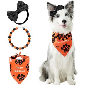 Happy Halloween Pet Costume Cosplay Set for Dogs Cats with Headband, Bandana Scarf and Collar Beaded Necklace Halloween Puppy Cat Accessories Costumes