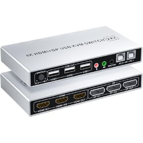 DP Plus HDMI KVM Switch for 2 Computers in 2 Monitors Out, ALYYDBG 4k@60hz Dual Monitor KVM Switch Support HDMI + DP in to HDMI + DP Out