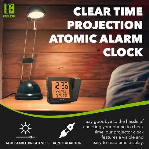 BALDR Projection Alarm Clock - Atomic Digital Alarm Clock - Displays Time, Date, Indoor Temperature - Large Time Projection on Ceiling - Snooze Button, USB Cable Powered (Included) in Saudi Arabia