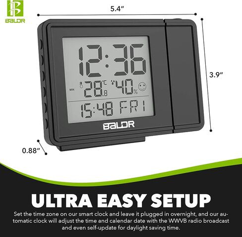 BALDR Projection Alarm Clock - Atomic Digital Alarm Clock - Displays Time, Date, Indoor Temperature - Large Time Projection on Ceiling - Snooze Button, USB Cable Powered (Included) in Saudi Arabia
