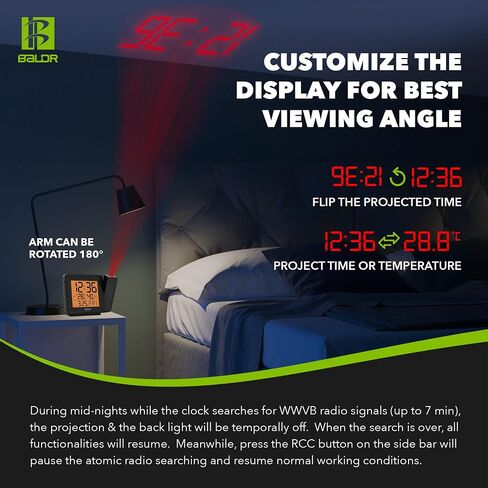 BALDR Projection Alarm Clock - Atomic Digital Alarm Clock - Displays Time, Date, Indoor Temperature - Large Time Projection on Ceiling - Snooze Button, USB Cable Powered (Included) in Saudi Arabia