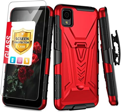 TJS متوافق مع حافظة Alcatel TCL 30 Z T602DL، حافظة TCL 30 LE، مع واقي شاشة من الزجاج المقسى، حافظة بمشبك حزام، مسند هجين شديد التحمل، غطاء حماية من السقوط (أسود) in Kuwait