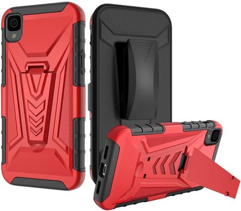 TJS متوافق مع حافظة Alcatel TCL 30 Z T602DL، حافظة TCL 30 LE، مع واقي شاشة من الزجاج المقسى، حافظة بمشبك حزام، مسند هجين شديد التحمل، غطاء حماية من السقوط (أسود) in Kuwait