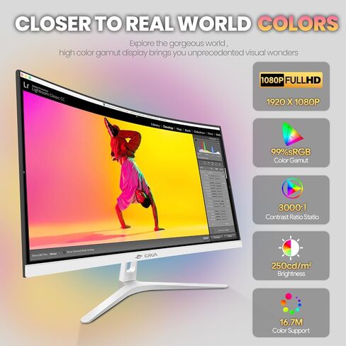 CRUA 27" White Monitor, Full HD(1920x1080P) VA Panel 1800R 75HZ 99% sRGB Curved Computer Monitors, 3Sides Frameless, Flicker-Less,Blue Light Filter, Wall Mountable/Tilt Adjustable for Office & Gaming in Saudi Arabia
