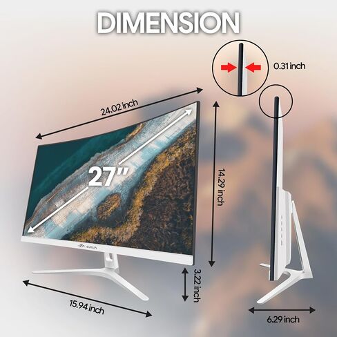 CRUA 27" White Monitor, Full HD(1920x1080P) VA Panel 1800R 75HZ 99% sRGB Curved Computer Monitors, 3Sides Frameless, Flicker-Less,Blue Light Filter, Wall Mountable/Tilt Adjustable for Office & Gaming in Saudi Arabia