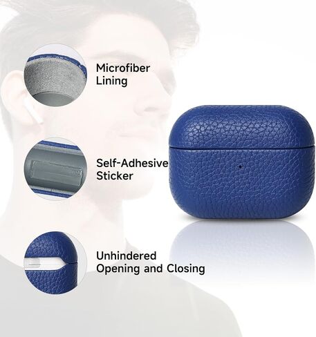 لحافظة AirPods Pro الجلدية (الجيل الثاني)، جلد محبب أصلي، متوافق مع Magsafe، شاشة LED أمامية مرئية، سلسلة Handmad، غطاء مقاوم للصدمات ومقاوم للغبار والأوساخ - أزرق غامق in Saudi Arabia