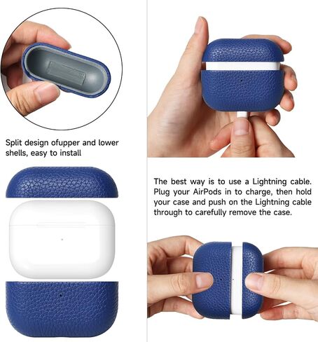 لحافظة AirPods Pro الجلدية (الجيل الثاني)، جلد محبب أصلي، متوافق مع Magsafe، شاشة LED أمامية مرئية، سلسلة Handmad، غطاء مقاوم للصدمات ومقاوم للغبار والأوساخ - أزرق غامق in Saudi Arabia
