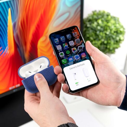 لحافظة AirPods Pro الجلدية (الجيل الثاني)، جلد محبب أصلي، متوافق مع Magsafe، شاشة LED أمامية مرئية، سلسلة Handmad، غطاء مقاوم للصدمات ومقاوم للغبار والأوساخ - أزرق غامق in Saudi Arabia