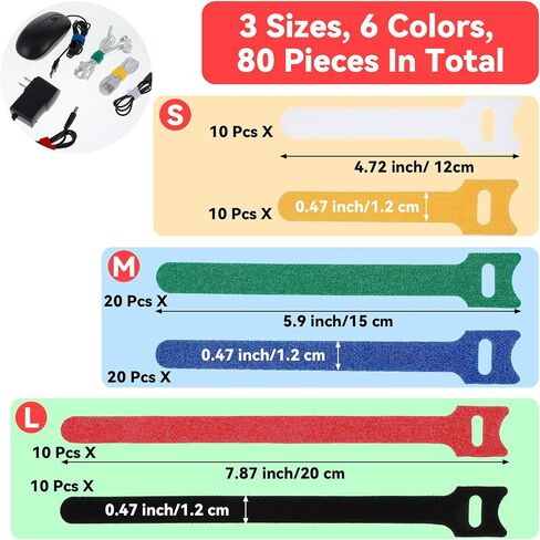 80PCS Tie Wraps 3 Sizes 6 Colors Cable Ties Reusable, Adjustable Multi-purpose Cable Management Fastening Cord Wrap Reusable Hook and Loop Straps Organizer for Home, Office and Garage in Saudi Arabia