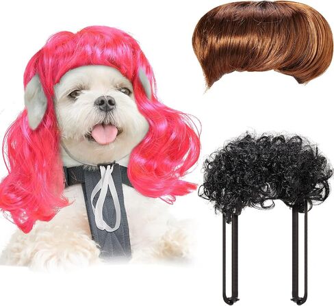 3 Pieces Halloween Pet Wigs Cats and Dogs Wigs Funny Cosplay Pet Headdress Pet Costumes Red Big Wave Wig with Adjustable Elastic Band Funny Dog Wig Accessories for Small Medium Large Pets in Saudi Arabia