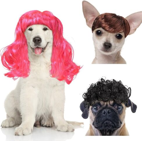 3 Pieces Halloween Pet Wigs Cats and Dogs Wigs Funny Cosplay Pet Headdress Pet Costumes Red Big Wave Wig with Adjustable Elastic Band Funny Dog Wig Accessories for Small Medium Large Pets in Saudi Arabia