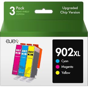 ejet 902XL Compatible Ink Cartridge Replacement for HP 902 902XL Ink Cartridge(Newest Chip) Work with Officejet Pro 6968 6978 6962 6958 6954 6960 Printer Tray(1 Yellow 1 Magenta 1 Cyan， 3 Pack)