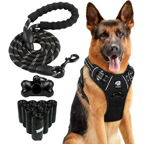 Dog Harness and Leash Set - No Pull Vest & Reflective Leash with Foam Handle, Adjustable Oxford Halter, for Walking & Training - Includes 150 Poop Bags & Bone-Shaped Dispenser - Black, L