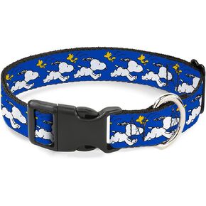 Peanuts Worldwide LLC Pet Collar, Dog Collar Plastic Buckle, Peanuts Snoopy Running and Woodstock Pose Blue, 15 to 24 Inches 1.0 Inch Wide