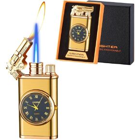 Torch Lighter, Magic Dual Flame Lighter Refillable Butane, Creative Adjustable Flame Windproof Lighter, Cool Jet Flame Butane Lighter for Men Women Friends Outdoor Candle(Without Butane)-Gold-g
