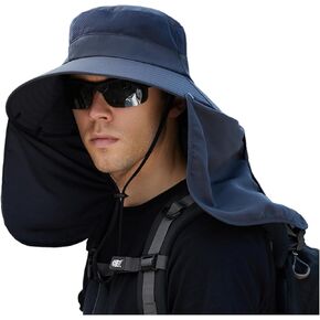 Mens Outdoor Wide Brim Fishing Hat Sun Protection Cap with Removable Neck Flap Mesh Sun Hat