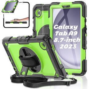 Case for Samsung Galaxy Tab A9 Tablet Case 8.7 inch 2023 [with Tempered Glass Screen Protector], Rotatable Kickstand, S Pen Holder, Hand/Shoulder Strap (Black)